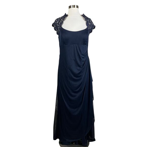 XSCAPE Chiffon Lace Trim Collar Short Sleeve Evening Gown Blue Size 14P Dress - Picture 1 of 12